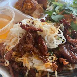 Pho Xpress - Grilled pork and vermicelli noodles with glass noodle egg rolls and fresh veggies and dip will blow ur mind!