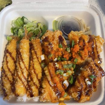 Makoto Sushi - Bento #5. Shrimp Tempura & Fried Salmon over a bed of rice. Includes salad, ginger, wasabi and the shrimp tempura sauce. SO YUMMY! $15.95 - Sushi Bars Near Me - Aiea, Hawaii Makoto Sushi - Bento #5. Shrimp Tempura & Fried Salmon over a bed of rice. Includes salad, ginger, wasabi and the shrimp tempura sauce. SO YUMMY! $15.95 - Sushi Bars Near Me - Aiea, Hawaii