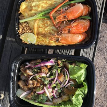 9Zaab - prawn pad thai (top) and larb moo grob (bottom) - Thai Near Me - Cambridge, Massachusetts