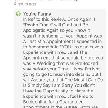 Pure Hair Design - Response to my review: - Blow Dry/Out Services Near Me - Boston, Massachusetts Pure Hair Design - Response to my review: - Blow Dry/Out Services Near Me - Boston, Massachusetts
