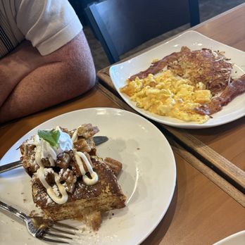 Loaded Cafe - Churro Cream Cheese Stuffed French Toast Combo with Scrambled Eggs, bacon, and hash brown - Breakfast & Brunch Near Me - Santa Ana, California Loaded Cafe - Churro Cream Cheese Stuffed French Toast Combo with Scrambled Eggs, bacon, and hash brown - Breakfast & Brunch Near Me - Santa Ana, California