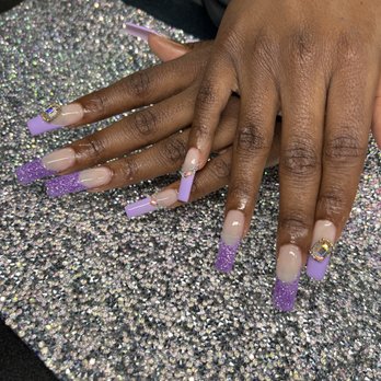 Contented Nail Parlor - Long square acrylic nails with glitter French and stones - Nail Salons Near Me - Carson, California