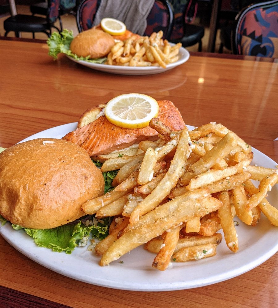 Salmon Burger with Garlic Fries on menu. Salmon is wild caught according to server. Yelp