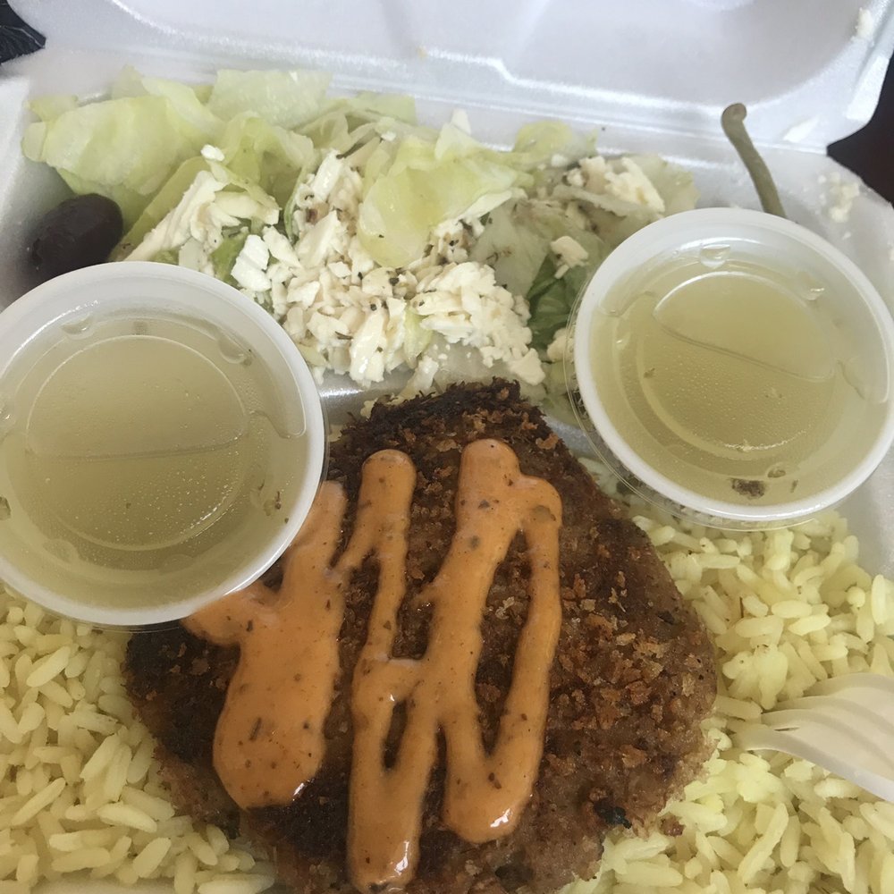 Greek Boys - Yum! Crab cake platter with sides of Greek dressing - Greek Near Me - Columbia, South Carolina