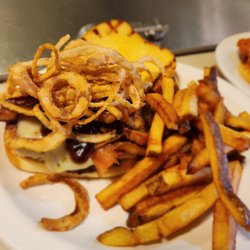 Thirsty Turtle - Cowboy burger with fries at The Thirsty Turtle. Stoddard, WI