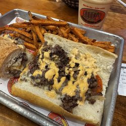 Buddy's Burgers Breasts & Fries - Ring the Bell Steak Sandwich with sweet potato fries