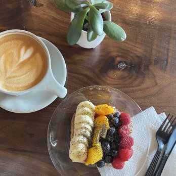 Unlocked Coffee Roasters - Oat milk latte and rainbow toast - Coffee Roasteries Near Me - Greenville, South Carolina Unlocked Coffee Roasters - Oat milk latte and rainbow toast - Coffee Roasteries Near Me - Greenville, South Carolina