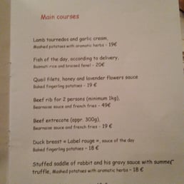 Menu of entrees Menu of entrees