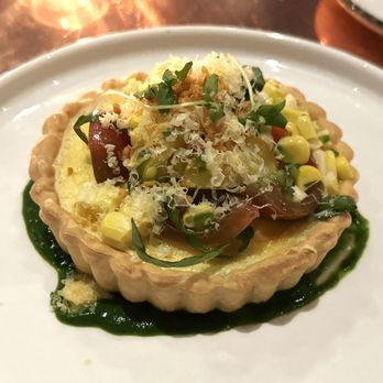 Buccan - Florida Corn Tart with aged Beemster, tomatillo, and basil corn salad - Seafood Near Me - Coral Gables, Florida