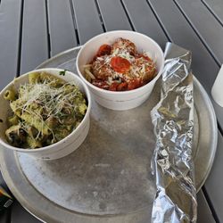 Basil pesto with chicken, pizza stick, & spaghetti & meatballs