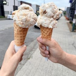 Single scoop of baklava, and double scoop of whiskey hazelnut and baklava
