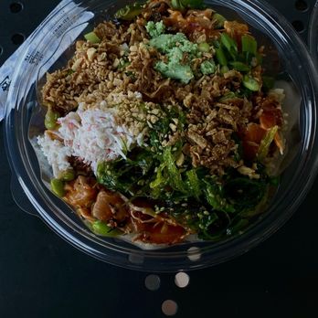Pokeworks - 2 protein bowl with brown rice and a whole load of toppings and sauces - Salad Near Me - Costa Mesa, California Pokeworks - 2 protein bowl with brown rice and a whole load of toppings and sauces - Salad Near Me - Costa Mesa, California
