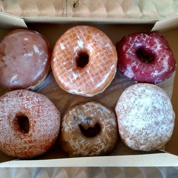 Donutopolis - Top: Glazed strawberry jelly, original glazed, raspberry glazed; Bottom: Granulated sugar, blueberry glazed, powdered blueberry jelly - Donuts Near Me - Poway, California