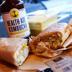 Nob Hill Foods - El Dorado panini from the deli / ginger lemon kombucha  / slice of lemon cake