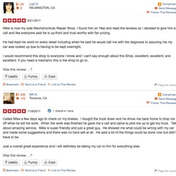 Mike Dean's Mobile Auto Repair - Here's a few pics of yelp reviews when I was doing business in Torrance.