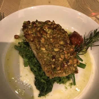 Pylos - Pistachio encrusted filet on top of broccoli rabe - Greek Near Me - New York, New York Pylos - Pistachio encrusted filet on top of broccoli rabe - Greek Near Me - New York, New York