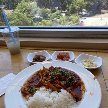 The Cafe At Descanso Garden Spa - Spicy Squid with White Rice & Side Dishes (Banchan 반찬) - Comfort Food Near Me - Tujunga, California