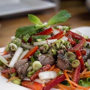 Khao San Road - Grilled Steak Salad (beef, onions, bell pepper, cilantro, scallion, fish sauce, oyster sauce, ground toasted rice, cilantro, mint, chili) - Thai Near Me - Toronto, Ontario Khao San Road - Grilled Steak Salad (beef, onions, bell pepper, cilantro, scallion, fish sauce, oyster sauce, ground toasted rice, cilantro, mint, chili) - Thai Near Me - Toronto, Ontario