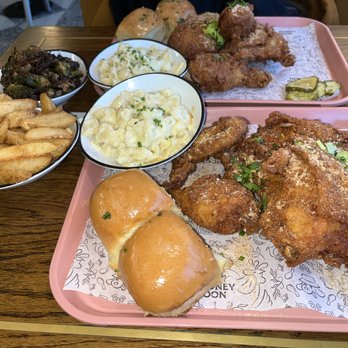 Honeymoon Chicken - 4 piece chicken, potato wedges, Mac and cheese, rolls, and Brussel sprouts - Chicken Shop Near Me - Washington, DC, District of Columbia