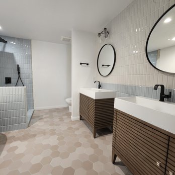 Emser Tile - a bathroom with two sinks and a shower - Building Supplies Near Me - West Hollywood, California Emser Tile - a bathroom with two sinks and a shower - Building Supplies Near Me - West Hollywood, California