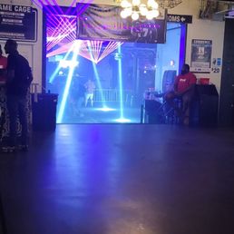 View to the lower level dance floor and outdoor patio