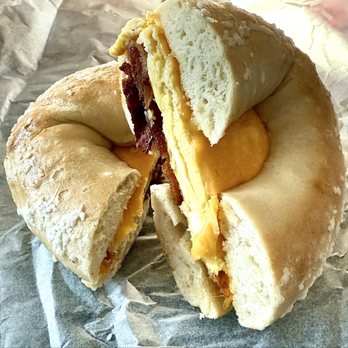 Joey's Bagels - "Regular Joe" bacon, egg, and cheese on a salt bagel - Bakeries Near Me - Fletcher, North Carolina Joey's Bagels - "Regular Joe" bacon, egg, and cheese on a salt bagel - Bakeries Near Me - Fletcher, North Carolina