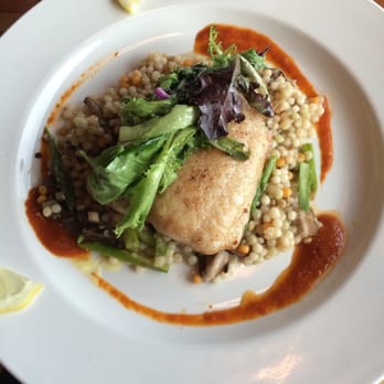 The Paper Canoe - Pan- seared Yellow Tail Snapper, Vegetable Couscous with Asparagus, Vidalia Onion, Cremini Mushrooms, Charred Tomato Vinaigrette - Seafood Near Me - Duck, North Carolina The Paper Canoe - Pan- seared Yellow Tail Snapper, Vegetable Couscous with Asparagus, Vidalia Onion, Cremini Mushrooms, Charred Tomato Vinaigrette - Seafood Near Me - Duck, North Carolina