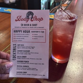 Body Shop Bar - CHERRY BLOSSOM Gin, House-made Tart Cherry Syrup Club Soda, Lemon - Dive Bars Near Me - Brooklyn, New York Body Shop Bar - CHERRY BLOSSOM Gin, House-made Tart Cherry Syrup Club Soda, Lemon - Dive Bars Near Me - Brooklyn, New York