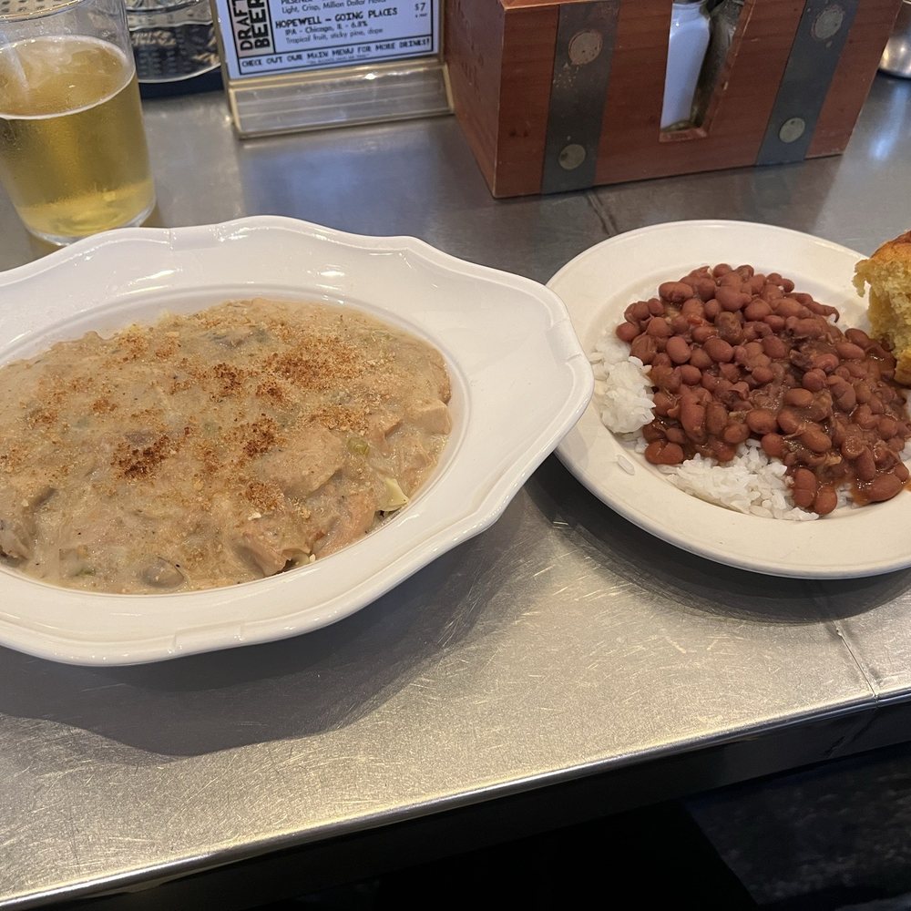 Turkey Tetrazzini, Red Beans & Rice, corn muffin, and a champagne velvet from Upland (based in Bloomington Indiana) Turkey Tetrazzini, Red Beans & Rice, corn muffin, and a champagne velvet from Upland (based in Bloomington Indiana)