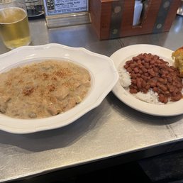 Turkey Tetrazzini, Red Beans & Rice, corn muffin, and a champagne velvet from Upland (based in Bloomington Indiana)