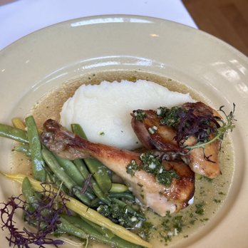 Chez Panisse - Root Down Farm chicken with garlic-potato puree, green beans, and sauce verte - New American Near Me - Berkeley, California Chez Panisse - Root Down Farm chicken with garlic-potato puree, green beans, and sauce verte - New American Near Me - Berkeley, California