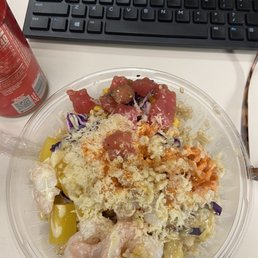 Medium size poke bowl w/ Brown rice, spicy salmon, poke salmon & shrimp. Medium size poke bowl w/ Brown rice, spicy salmon, poke salmon & shrimp.