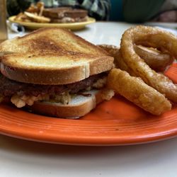 Bradley's Corner Cafe - Smoked Cheddar Burger with onion rings