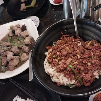 Jade Dumpling & Noodle House - Zha-zhiang noodle on right, grandma's special rib stew - Dim Sum Near Me - Eugene, Oregon