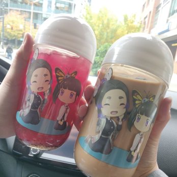 The Moo Bar - The left: the blush drink w/popping bubbles The right: black milk tea w/ lychee jelly - Desserts Near Me - Seattle, Washington The Moo Bar - The left: the blush drink w/popping bubbles The right: black milk tea w/ lychee jelly - Desserts Near Me - Seattle, Washington