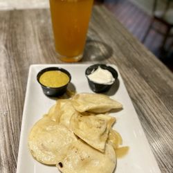 Penn Brewery - Traditional Potato Cheese Pierogies and Beer. Yinz need to try the pierogies with the mustard!