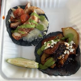 Octopus taco on the left and Japanese sweet potato on the right Octopus taco on the left and Japanese sweet potato on the right