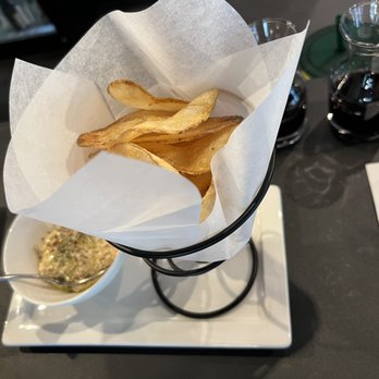 House-made chips (amazing!) with a delicious onion dip