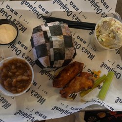 Moe's Original Bar B Que - Pulled pork sandwich, baked beans, potato salad, wings