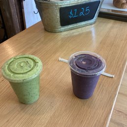 Green goddess smoothie, purple haze smoothie (pre-styrofoam cup) May 2021