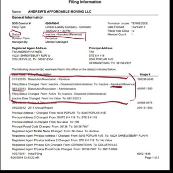 Andrew's Affordable Moving - Tennessee Secretary of State revoked Andrew's Affordable Moving's business license in 2013.... - Movers Near Me