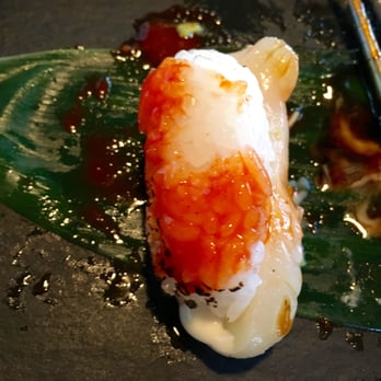 Sapporo Kitchen - The bottom of seared hotate (scallop) sushi soaked in red pepper sauce :-( - Japanese Near Me - Surrey, British Columbia