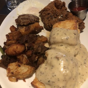 Daily Gather - Biscuits & Gravy 4/5 - could've used more gravy but good sausage. Overly salty tho. Add-on chicken was good. - Breakfast & Brunch Near Me - Houston, Texas