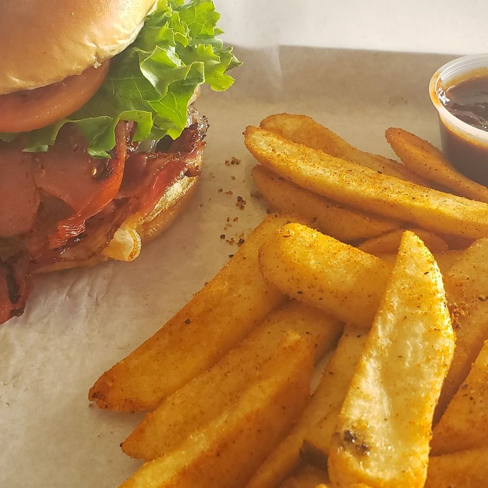 P&W burger, steak fries and chipotle sauce. P&W burger, steak fries and chipotle sauce.