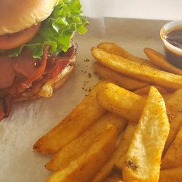 P&W burger, steak fries and chipotle sauce. P&W burger, steak fries and chipotle sauce.