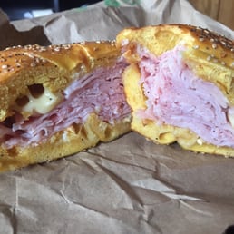 My favorite bagel there - ham and Swiss cheese melt with garlic butter on a scooped out toasted egg everything bagel!!!! Heaven