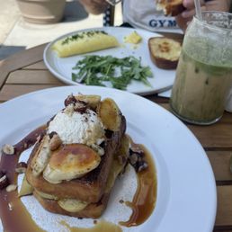 Vegan Banana French toast Cheese omelette Honey pistachio iced coffee with oat milk Vegan Banana French toast Cheese omelette Honey pistachio iced coffee with oat milk