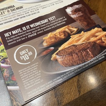 Outback Steakhouse - Walkabout Wednesday $10.99 6oz sirloin or chicken on the Barbie with fries and a drink - Steakhouses Near Me - Huntersville, North Carolina Outback Steakhouse - Walkabout Wednesday $10.99 6oz sirloin or chicken on the Barbie with fries and a drink - Steakhouses Near Me - Huntersville, North Carolina