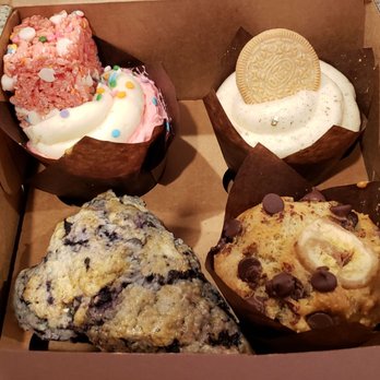Hive Bakery - Top left - Unicorn Funfetti  Top right - Golden Oreo Bottom left - blueberry scone Bottom right - banana chocolate chip muffin - Bakeries Near Me - Flower Mound, Texas
