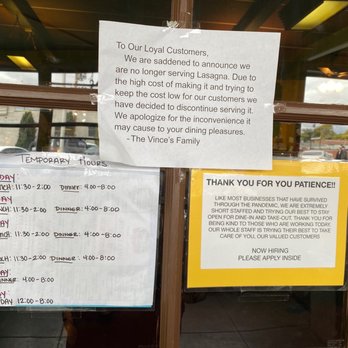 Vince's Spaghetti - Latest information on hours and no longer have lasagna and gluten free pasta - Italian Near Me - Ontario, California